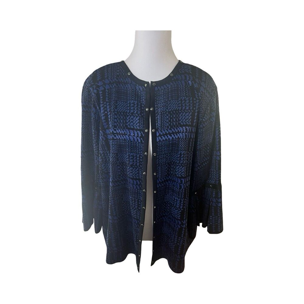 Ming Wang Blue Black‎ Plaid Studded Open Front Knit Cardigan Jacket Womens 1X